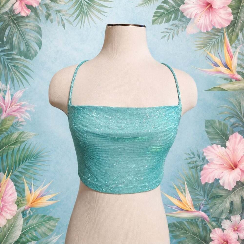 Valija Sparkly Metallic Turquoise Lurex Cami Crop Top Crisscross Back Size M